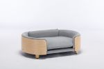 Scandinavian Style Elevated Pet Sofa With Solid Wood legs and Bent Wood Back, Velvet Cushion, Mid Size Light Grey
