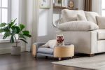 Scandinavian Style Elevated Pet Sofa With Solid Wood legs and Bent Wood Back, Velvet Cushion, Mid Size Light Grey