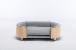 Scandinavian Style Elevated Pet Sofa With Solid Wood legs and Bent Wood Back, Velvet Cushion, Mid Size Light Grey